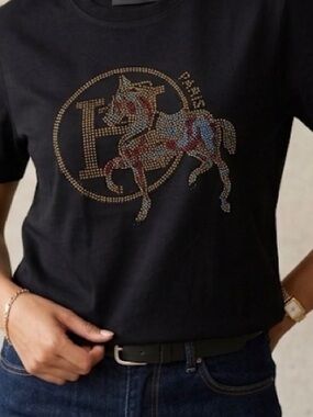 Black Short Sleeve Rhinestone Horse Logo Tee